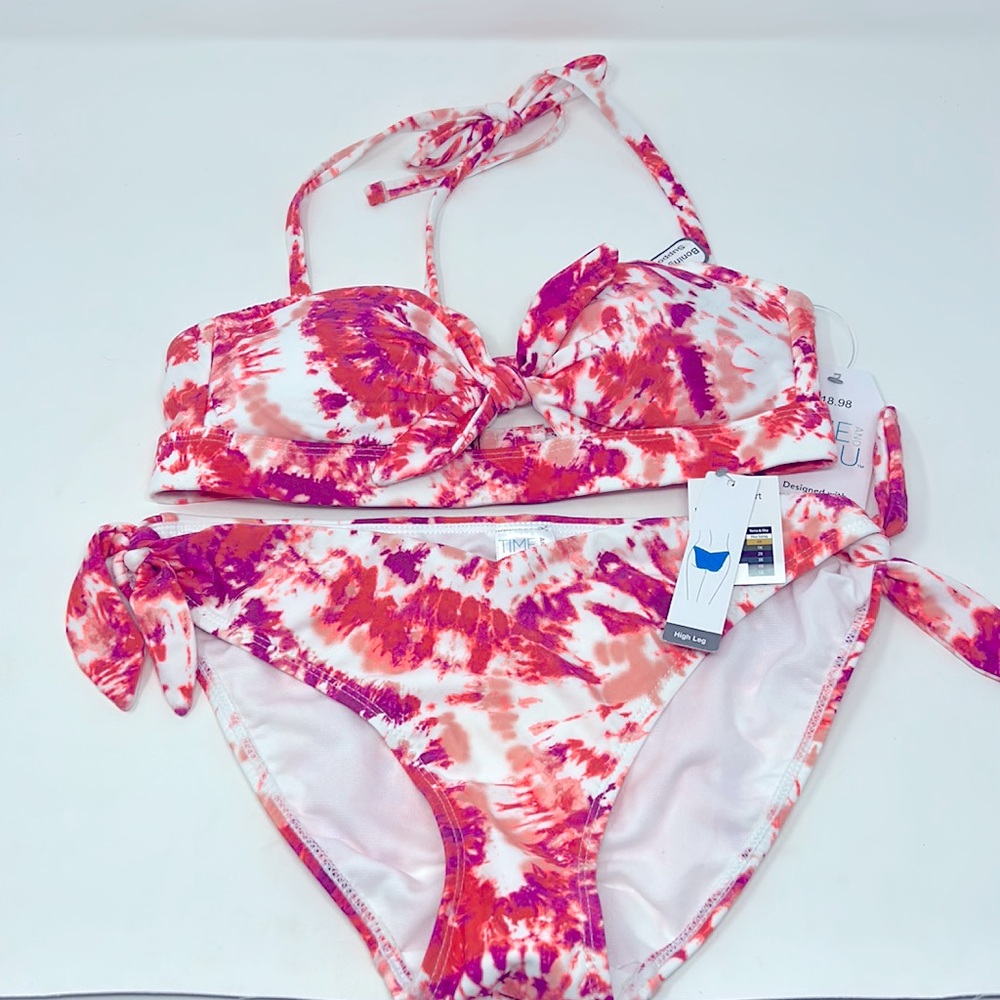 Time And Tru Orange White Tye-Dye Halter-Style Bikini Set Size Small